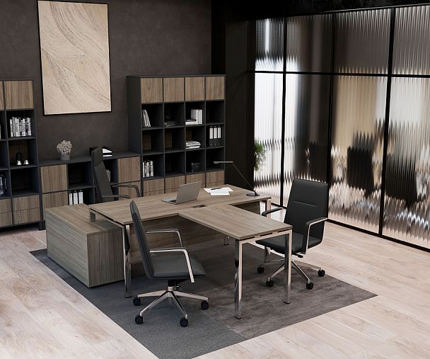 Стайл Проджект Директ Люкс / Style Project Direct Lux Стол письменный с греденцией левой M-SN-6A.SRG-026.M(L) Вяз Благородный/Белый/Вяз Благородный/Нержавеющая Сталь/Хром 1980*800*750 - Вид 2