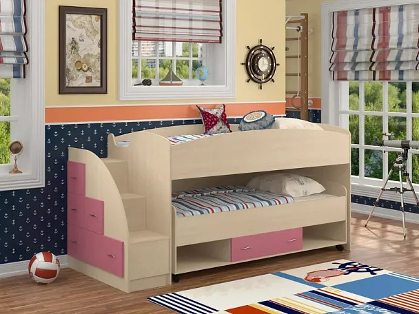 Кровать-чердак "Дюймовочка-4.3" дуб/розовый - Вид 1