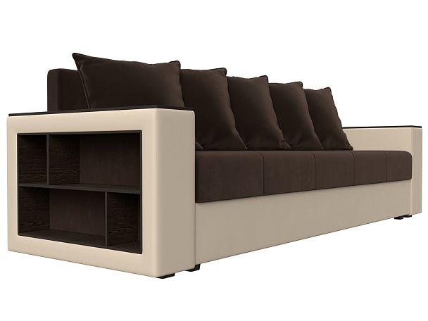 Диван прямой Дубай Лайт полки слева (основа микровельвет коричневый, компаньон экокожа бежевая) - Вид 3