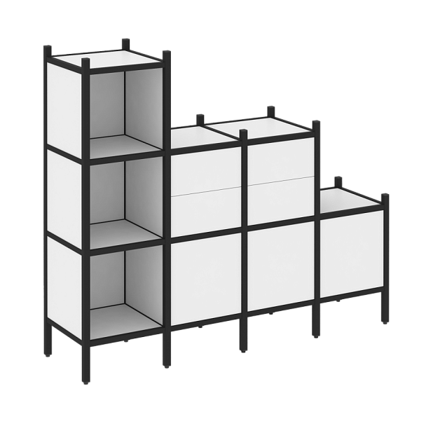 Loft Прямой стеллаж наборный VR.L-17 Белый бриллиант/Чёрный металл 1278*446*1458 - Вид 1