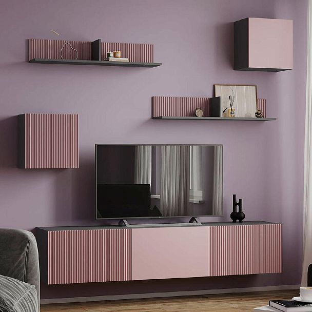 Гостиная Сириния Полка навесная серый графит/МДФ пудра - Вид 2