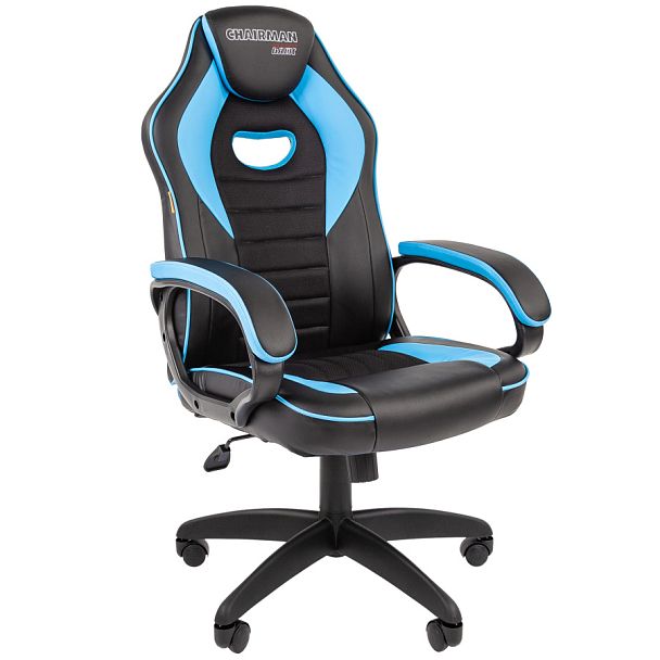 Кресло CHAIRMAN GAME 16, экокожа, черный/голубой - Вид 1