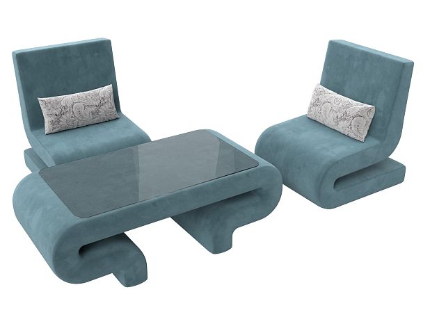 Волна набор 3 - стол, 2 кресла (полностью велюр бирюзовый) - Вид 4