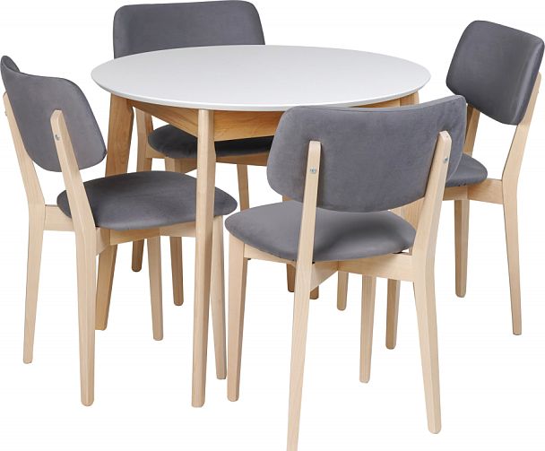 Обеденная группа стол раздвижной Норден D90 Белый/Натуральный и 4 стула Мэти Натуральный/Серый велюр - Вид 1
