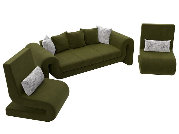 Волна набор 1 - диван, 2 кресла (полностью микровельвет зеленый) - Вид 4