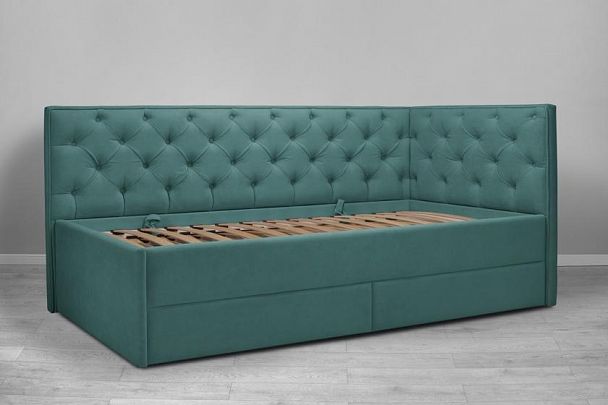 Кровать «Порше», каретная стяжка с доп. спальным местом, бирюзовая - Вид 1