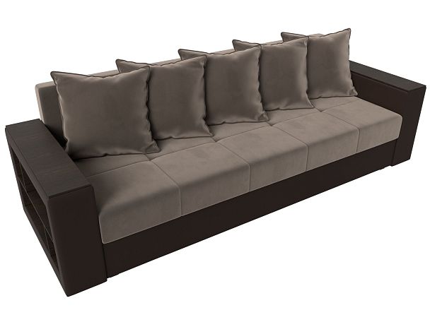 Диван прямой Дубай Лайт полки слева (основа велюр коричневый, компаньон экокожа коричневая) - Вид 5