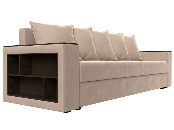 Диван прямой Дубай Лайт полки слева (полностью велюр бежевый) - Вид 3