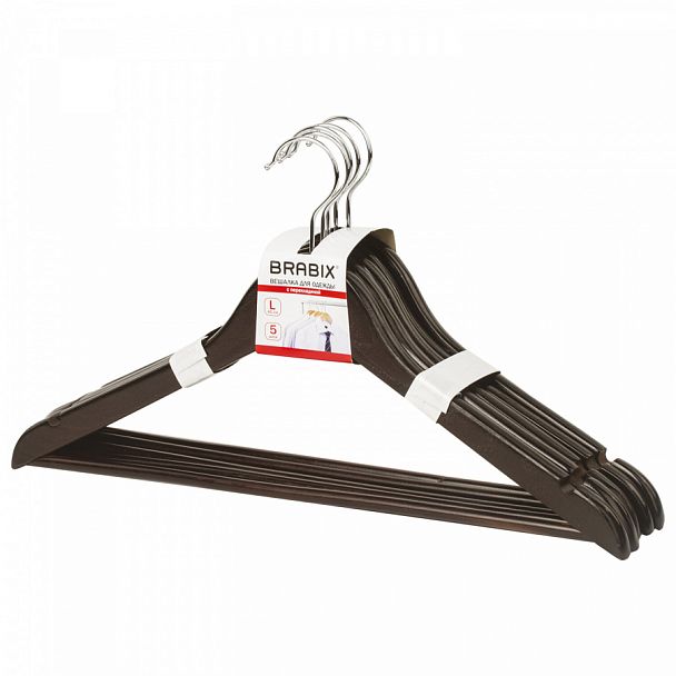 Вешалки-плечики, размер 48-50, КОМПЛЕКТ 5 шт., дерево, перекладина, цвет шоколад, BRABIX "Стандарт", 601162 - Вид 1