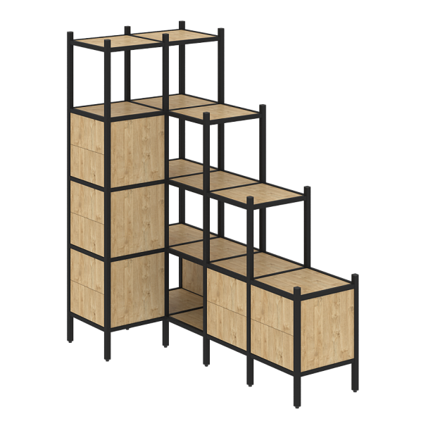 Loft Угловой внутренний стеллаж наборный VR.L-42 Тиквуд светлый/Чёрный металл 862*1694*1869 - Вид 1