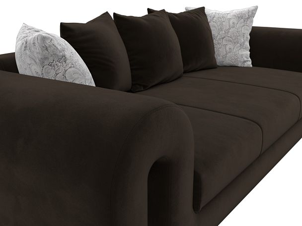 Прямой диван Волна (полностью микровельвет коричневый, подушки 3 микровельвет коричневый, 2 велюр серый с узором) - Вид 4