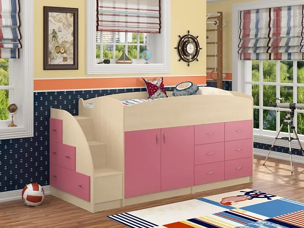 Кровать-чердак "Дюймовочка-4" дуб/розовый - Вид 1