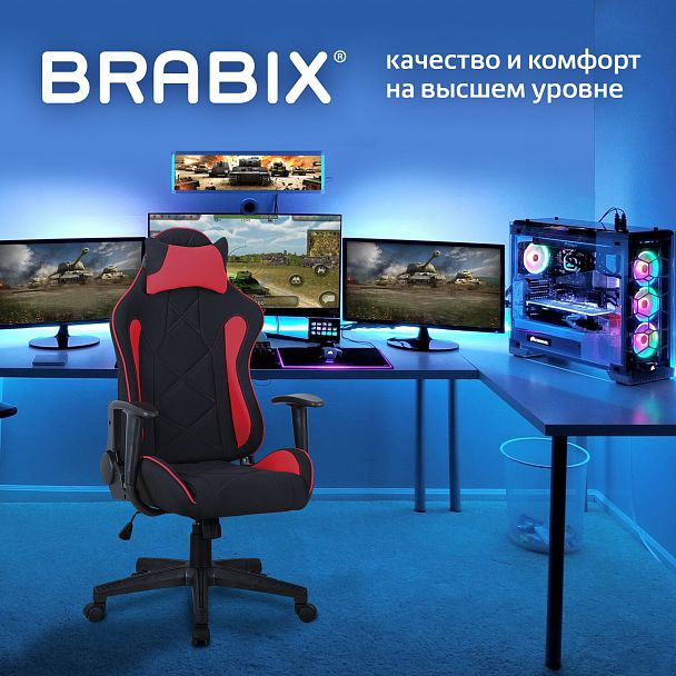 Кресло компьютерное BRABIX "GT Racer GM-101", подушка, ткань, черное/красное, 531820 - Вид 3