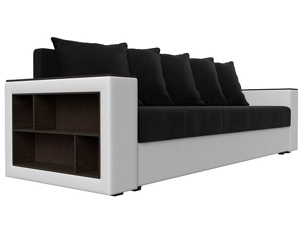 Диван прямой Дубай Лайт полки слева (основа микровельвет черный, компаньон экокожа белая) - Вид 3