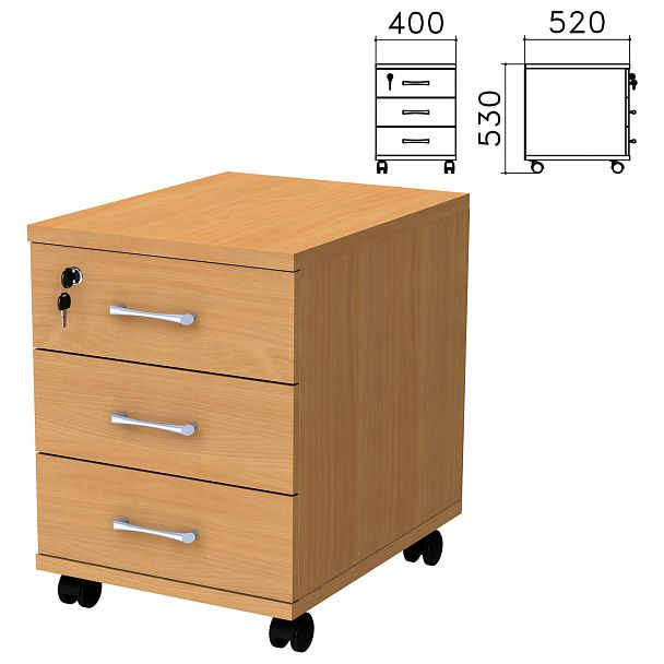 Тумба подкатная "Монолит", 400х520х530 мм, 3 ящика, замок, цвет бук бавария, ТМ25.1 - Вид 2