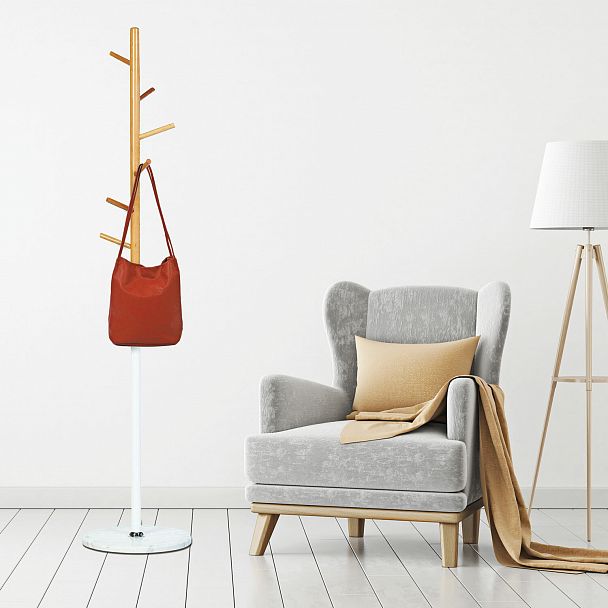 Вешалка-стойка BRABIX "CR-1906" на мраморном диске, металл белый/дерево бук, 6 крючков, 606440 - Вид 8