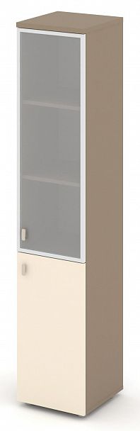 Шкаф высокий узкий (1 низкий фасад ЛДСП + 1 средний фасад стекло Лакобель IVORY / UMBRA в раме) "ESTETICA" ES.SU-1.2R Сатин - Вид 2