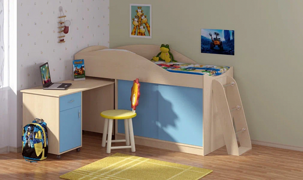 Кровать-чердак "Дюймовочка-3 без лестницы"  дуб/голубой - Вид 1