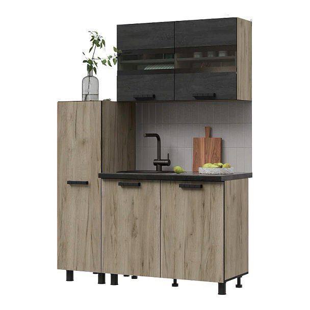 Кухня Эдинбург 1.4 с пеналом Фасад ЖЕЛЕЗНЫЙ КАМЕНЬ/Корпус ДУБ КРАФТ СЕРЫЙ - Вид 1