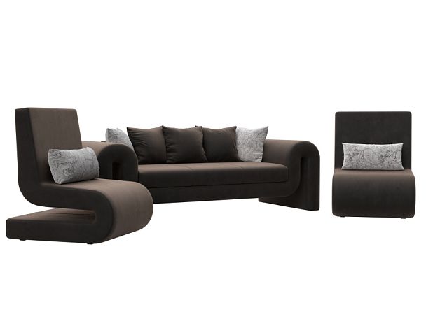 Волна набор 1 - диван, 2 кресла (полностью велюр коричневый) - Вид 1