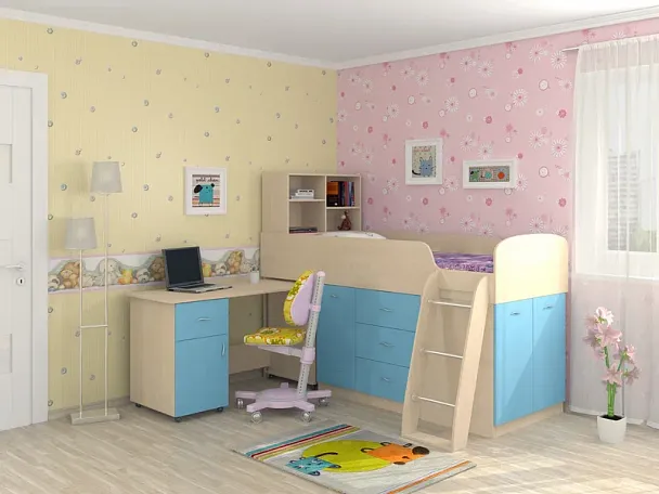 Кровать-чердак "Дюймовочка-1" дуб/голубой - Вид 1