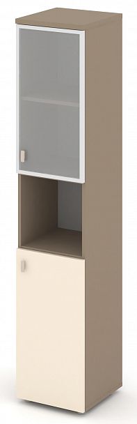 Шкаф высокий узкий (1 низкий фасад ЛДСП + 1 низкий фасад стекло в раме сатин матовый) "ESTETICA" ES.SU-1.4R Сатин/Сатин матовый - Вид 2