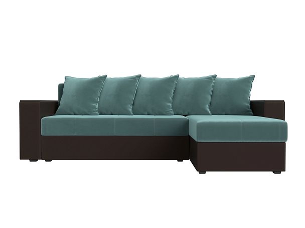 Диван угловой Дубай Лайт угол правый (основа велюр бирюзовый, компаньон экокожа коричневая) - Вид 2
