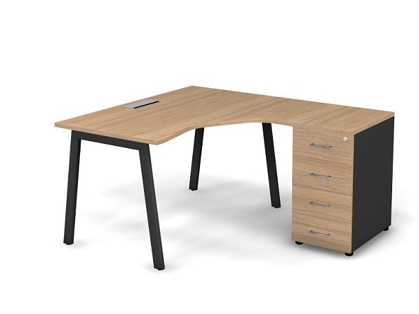 MATRIX 121S154-A Стол эгоном. с тумбой R, пров. Merida (А-опоры) 1380х1580х775 Швейц-й вяз/Темно-сер - Вид 1