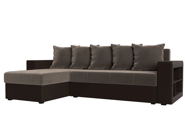 Диван угловой Дубай Лайт угол левый (основа велюр коричневый, компаньон экокожа коричневая) - Вид 1