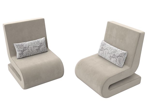 Кресло Волна (полностью микровельвет бежевый, подушки велюр серый с узором) - Вид 4