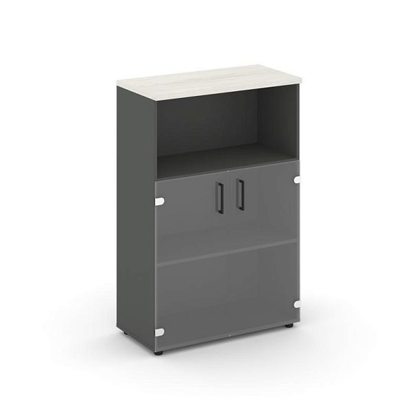 Style Project Шкаф средний широкий SN.STS-202 Антрацит/Дуб Наварра/Прозрачный/Черный Ручки 796*400*1 - Вид 1