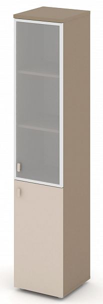 Шкаф высокий узкий (1 низкий фасад ЛДСП + 1 средний фасад стекло Лакобель IVORY / UMBRA в раме) "ESTETICA" ES.SU-1.2R Капучино - Вид 2