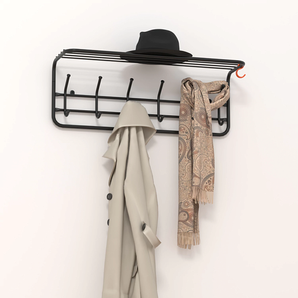 Вешалка настенная с полкой "ВСП7", 265х725х220 мм, 6 крючков, металл, черная, ВСП 7 Ч - Вид 4