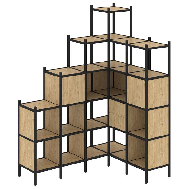 Loft Угловой внутренний стеллаж наборный VR.L-44 Тиквуд светлый/Чёрный металл 1694*1278*2280 - Вид 1