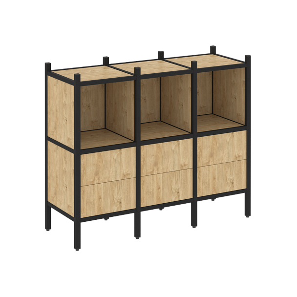 Loft Прямой стеллаж наборный VR.L-07 Тиквуд светлый/Чёрный металл 1278*446*1047 - Вид 1