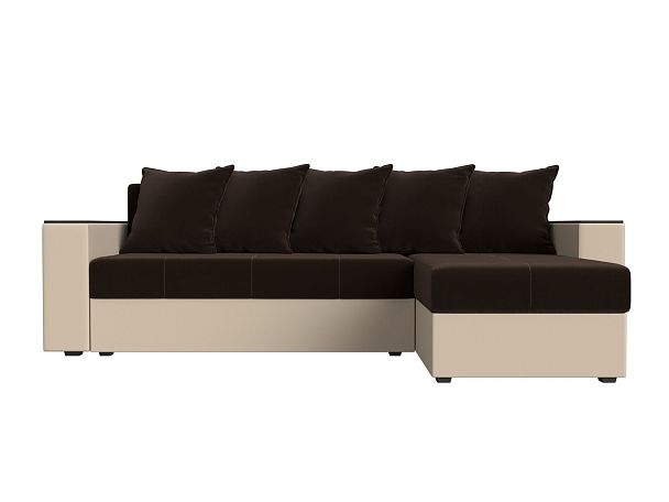 Диван угловой Дубай Лайт угол правый (основа микровельвет коричневый, компаньон экокожа бежевая) - Вид 2