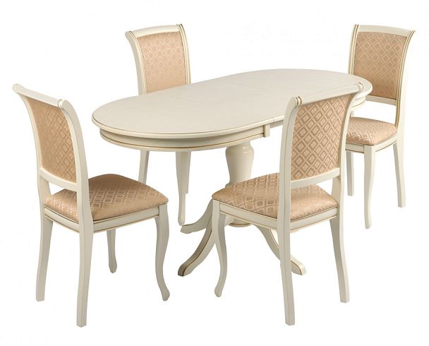 Обеденная группа стол Анфея 110(150)х75х76 Слоновая кость с золотой патиной и 4 стула Арктос Слоновая кость с золотой патиной/Бежевый жаккард - Вид 1