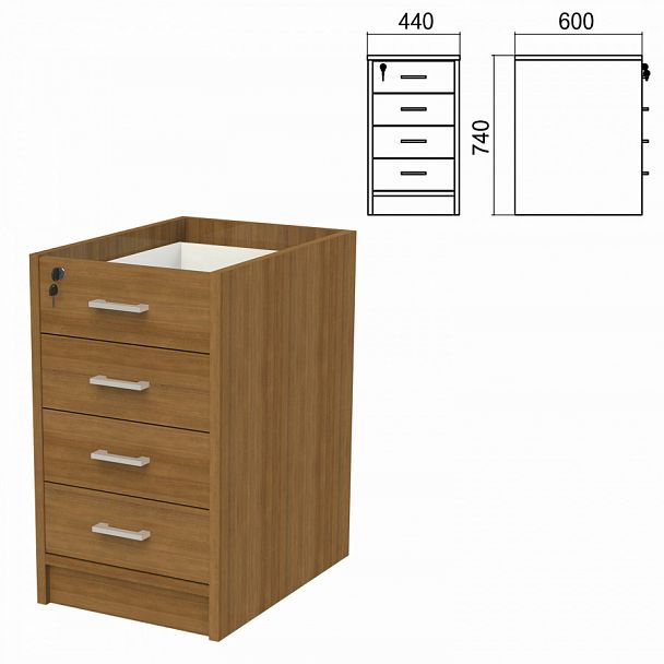 Тумба (каркас БЕЗ КРЫШКИ) приставная "Арго", 440х600х740 мм, 4 ящика, замок, орех - Вид 1