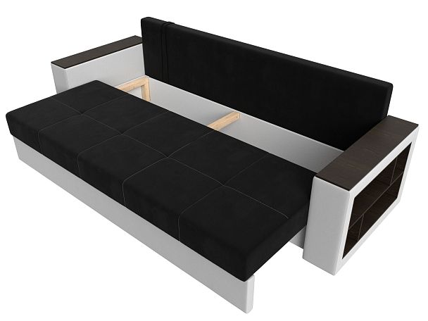 Диван прямой Дубай Лайт полки справа (основа микровельвет черный, компаньон экокожа белая) - Вид 7