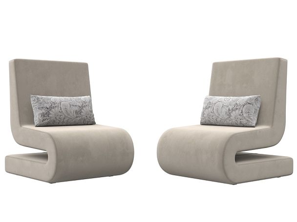Кресло Волна (полностью микровельвет бежевый, подушки велюр серый с узором) - Вид 1
