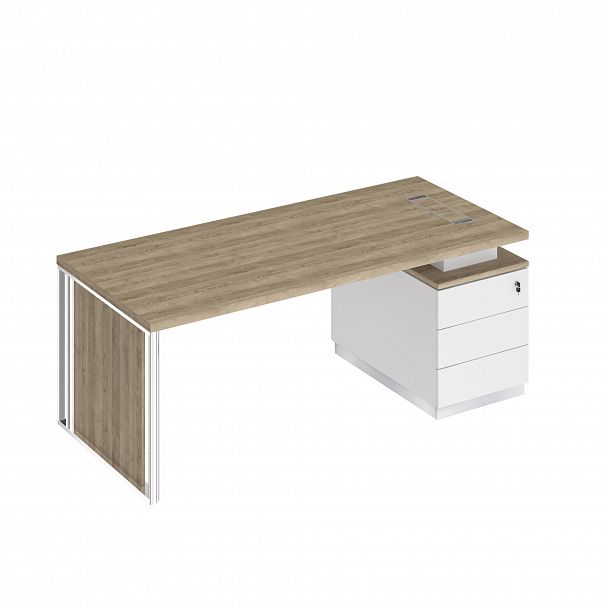 Стол руководителя на опорной тумбе (левый/правый) с декоративной вставкой "Bravo" БР 110 дуб гладстоун светлый/белый премиум/белый премиум - Вид 1
