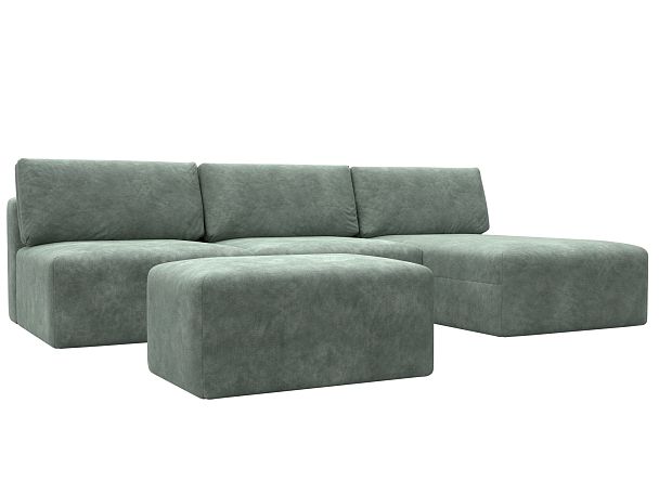 Диван угловой модульный с пуфом Лига-060 НПБ Лонг угол универсальный Велюр зеленый - Вид 2