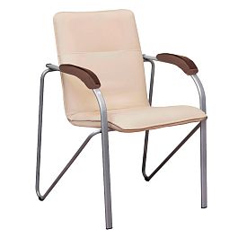 Стул офисный Самба, кожзам Nitro Beige, каркас серебро, подлокотники светлый орех - Фото предпросмотра