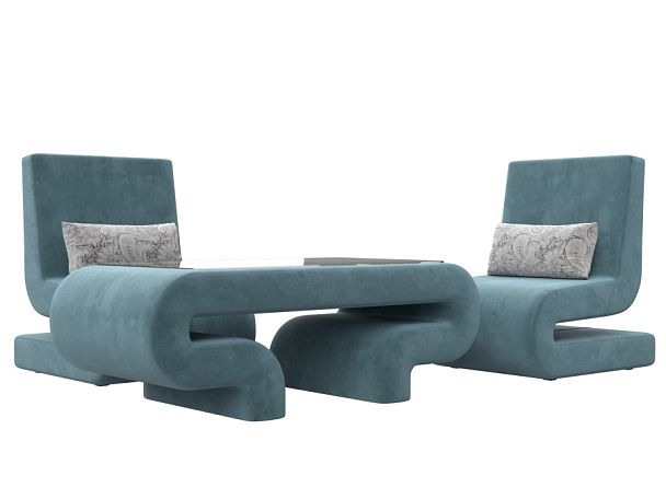 Волна набор 3 - стол, 2 кресла (полностью велюр бирюзовый) - Вид 1