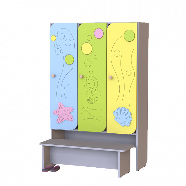 Шкаф детский 3-секционный со скамьей МДФ Морская волна ШФН-005 - Вид 1