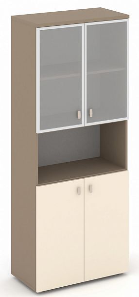 Шкаф высокий широкий (2 низких фасада ЛДСП + 2 низких фасада стекло Лакобель IVORY / UMBRA в раме) "ESTETICA" ES.ST-1.4R Сатин - Вид 1