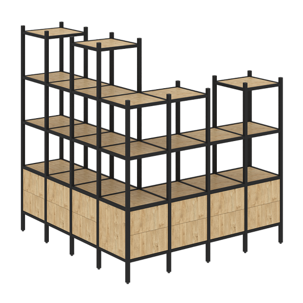 Loft Угловой внешний стеллаж наборный VR.L-55 Тиквуд светлый/Чёрный металл 1694*1694*1869 - Вид 1