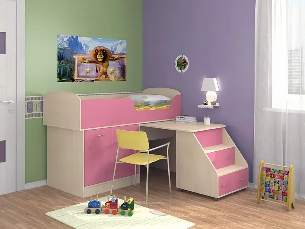 Кровать-чердак "Дюймовочка-2" дуб/розовый - Вид 1