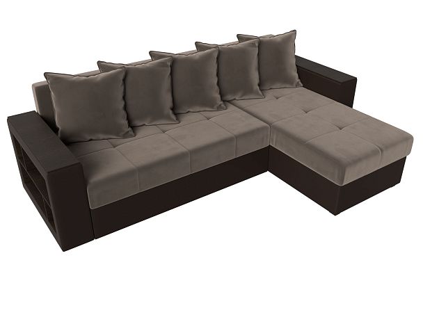 Диван угловой Дубай Лайт угол правый (основа велюр коричневый, компаньон экокожа коричневая) - Вид 5