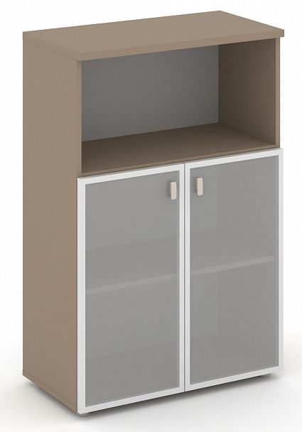 Шкаф средний широкий (2 низких фасада стекло Лакобель IVORY / UMBRA в раме) "ESTETICA" ES.ST-2.2R Латте - Вид 1